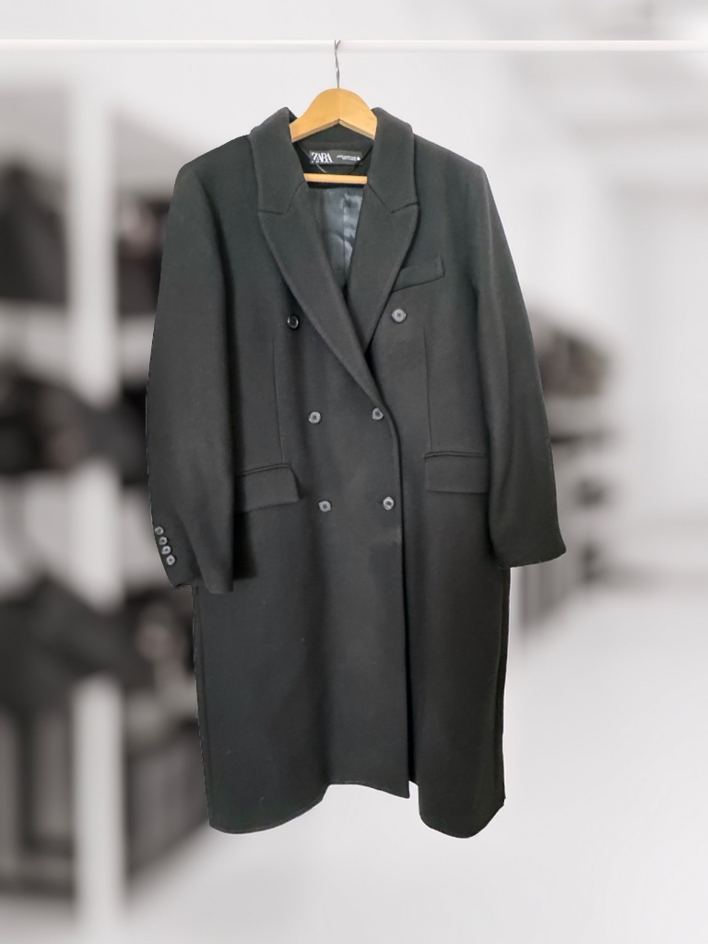 Zara Premium Manteco Italian Wool Blend Double Breasted Long Coat Black Size XXL